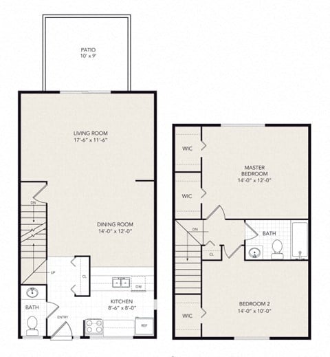 Floor plan for 2 beds, 1.5 baths, 1052 sqft